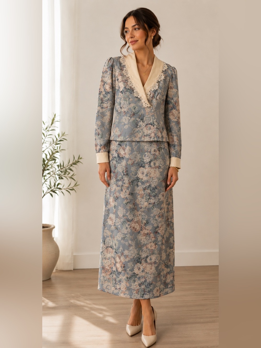 Vintage Blue Floral Maxi Skirt with Lace Trim
